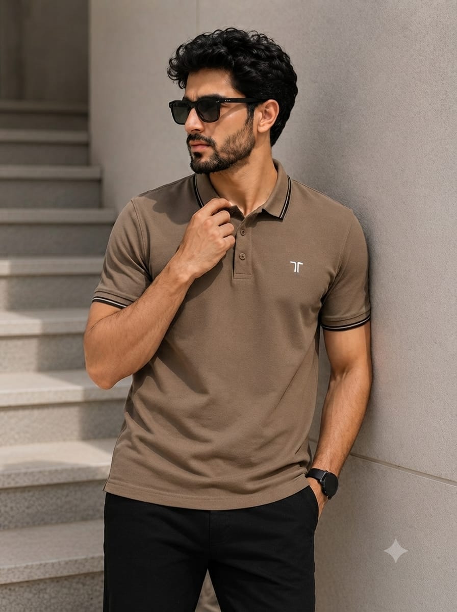 WhatsApp Image 2026-07-10 at 12.39.21 AM Men's taupe brown premium cotton polo shirt with contrast tipping collar, short sleeves, and modern slim fit casual fashion tee"