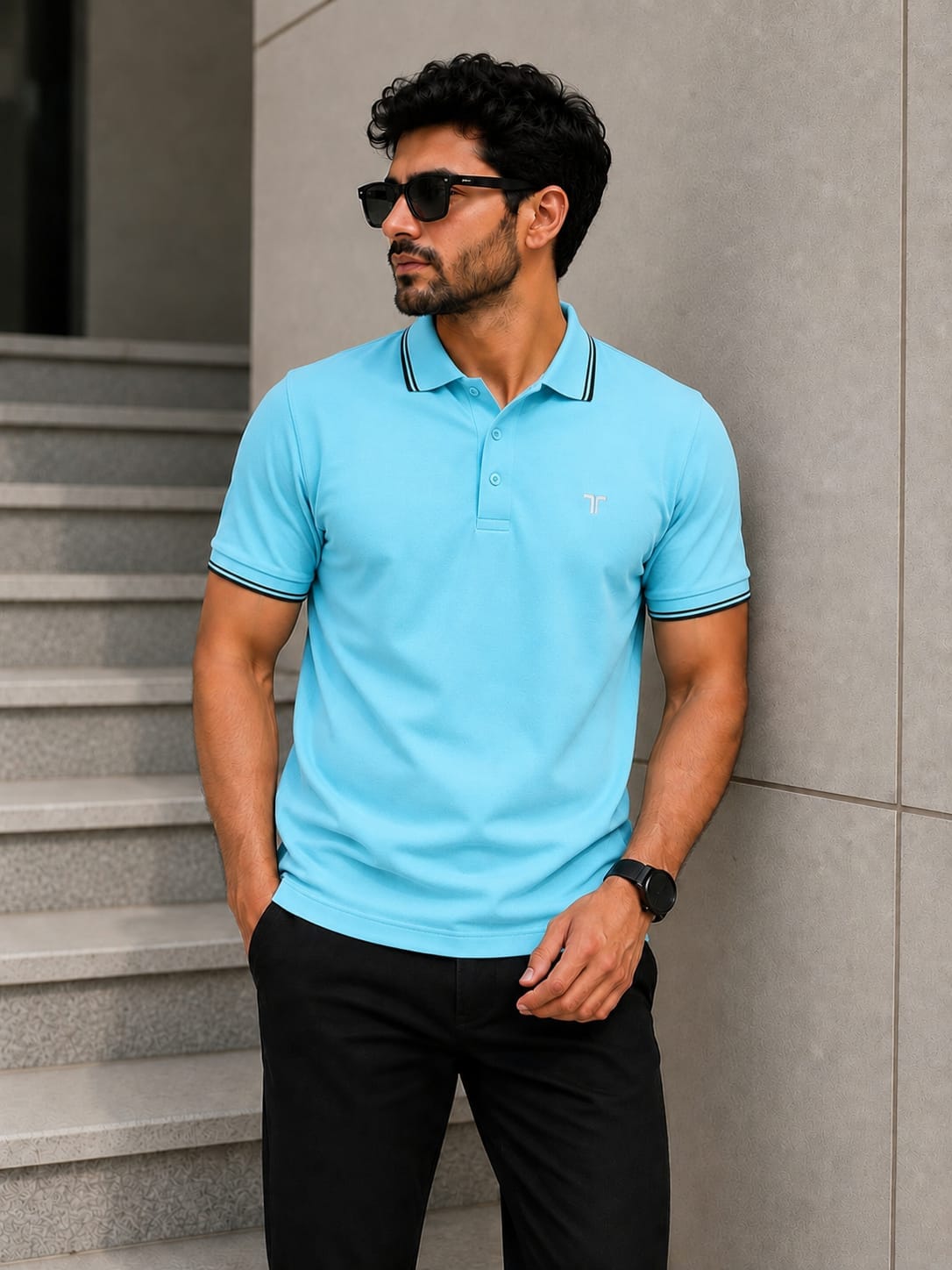 men's Aqua polo shirt with black collar trim, casual short-sleeve cotton polo T-shirt for everyday wear, front view on male model men's Aqua polo shirt with black collar trim, casual short-sleeve cotton polo T-shirt for everyday wear, front view on male model