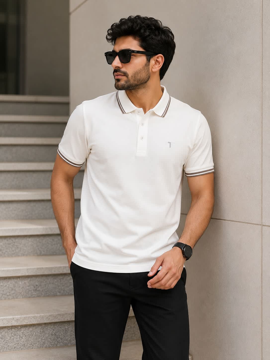 Men's beige polo shirt with grey tipped collar and sleeves, premium cotton short sleeve casual polo t-shirt for everyday and smart casual wear.