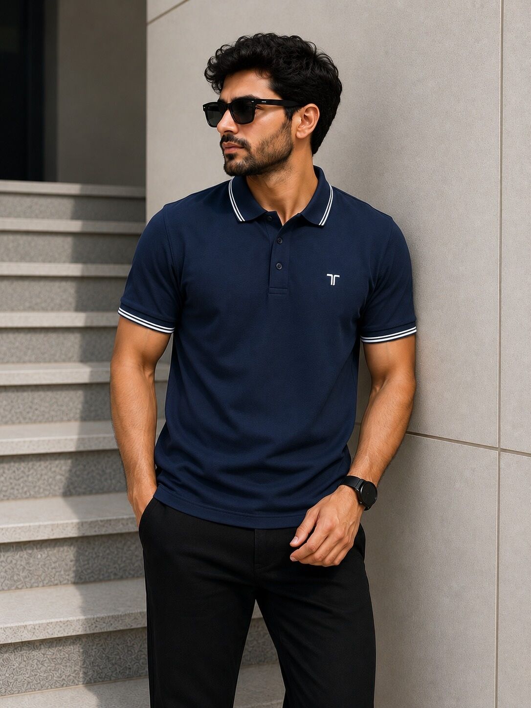 Premium men's navy blue polo shirt with contrast striped collar, breathable cotton short sleeve polo for casual wear.