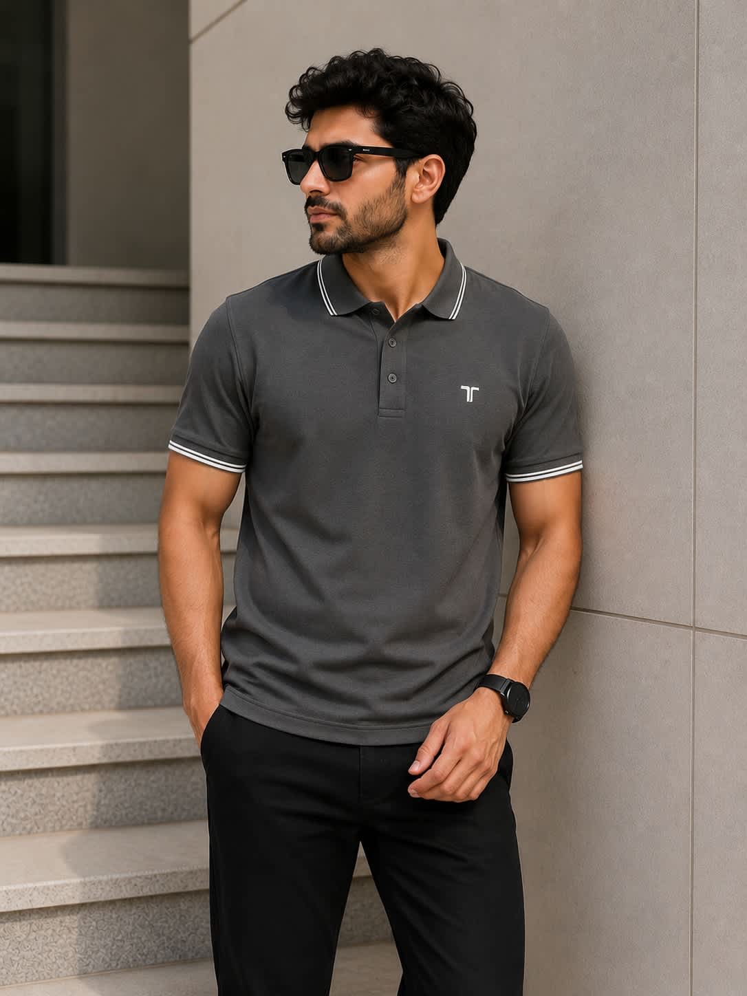 Men's charcoal grey polo shirt with white tipped collar and sleeves, premium cotton short sleeve casual polo t-shirt for everyday and smart casual wear.
