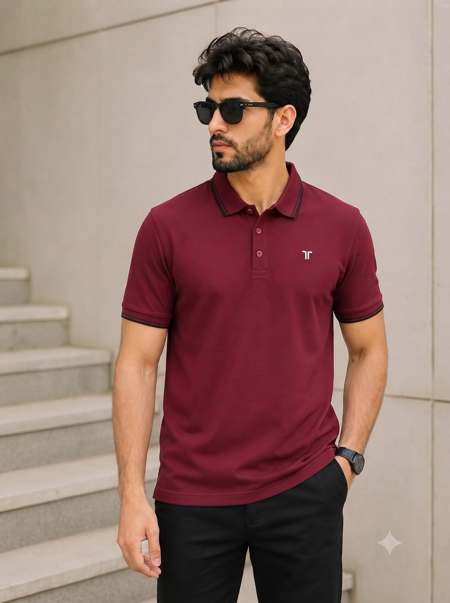 "Men's maroon polo shirt with black tipped collar and sleeves, premium short sleeve cotton polo t-shirt for casual, smart casual, and everyday wear."