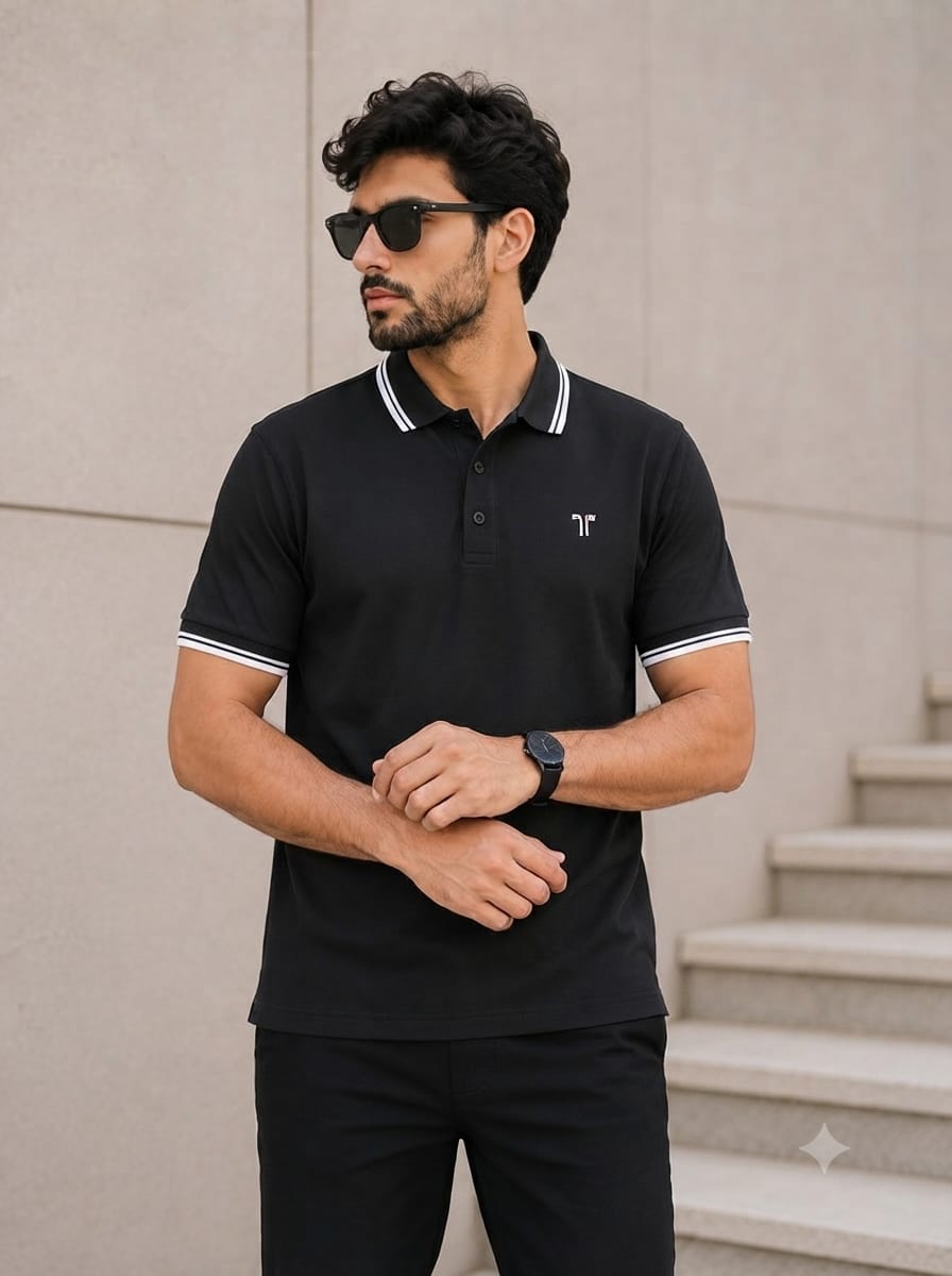 "Men's black premium cotton polo shirt with white contrast tipping collar and sleeves, slim fit short sleeve casual polo t-shirt"