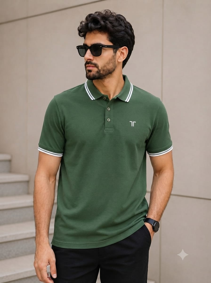 "Men's olive green premium cotton polo shirt with white contrast tipping collar and sleeves, slim fit short sleeve casual polo t-shirt