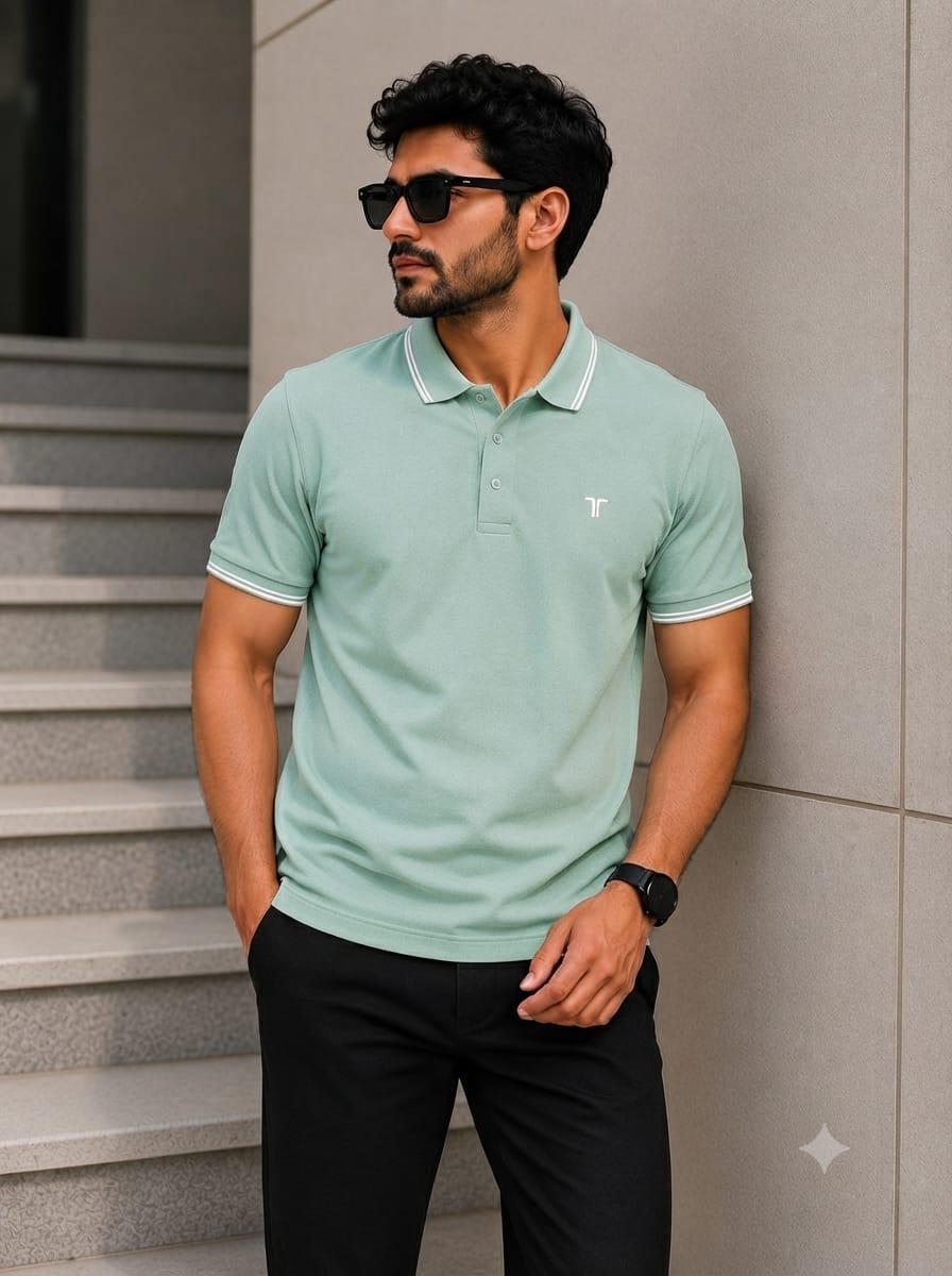 Men's mint green premium cotton polo shirt with white contrast tipping collar and sleeves, slim fit short sleeve casual polo t-shirt"