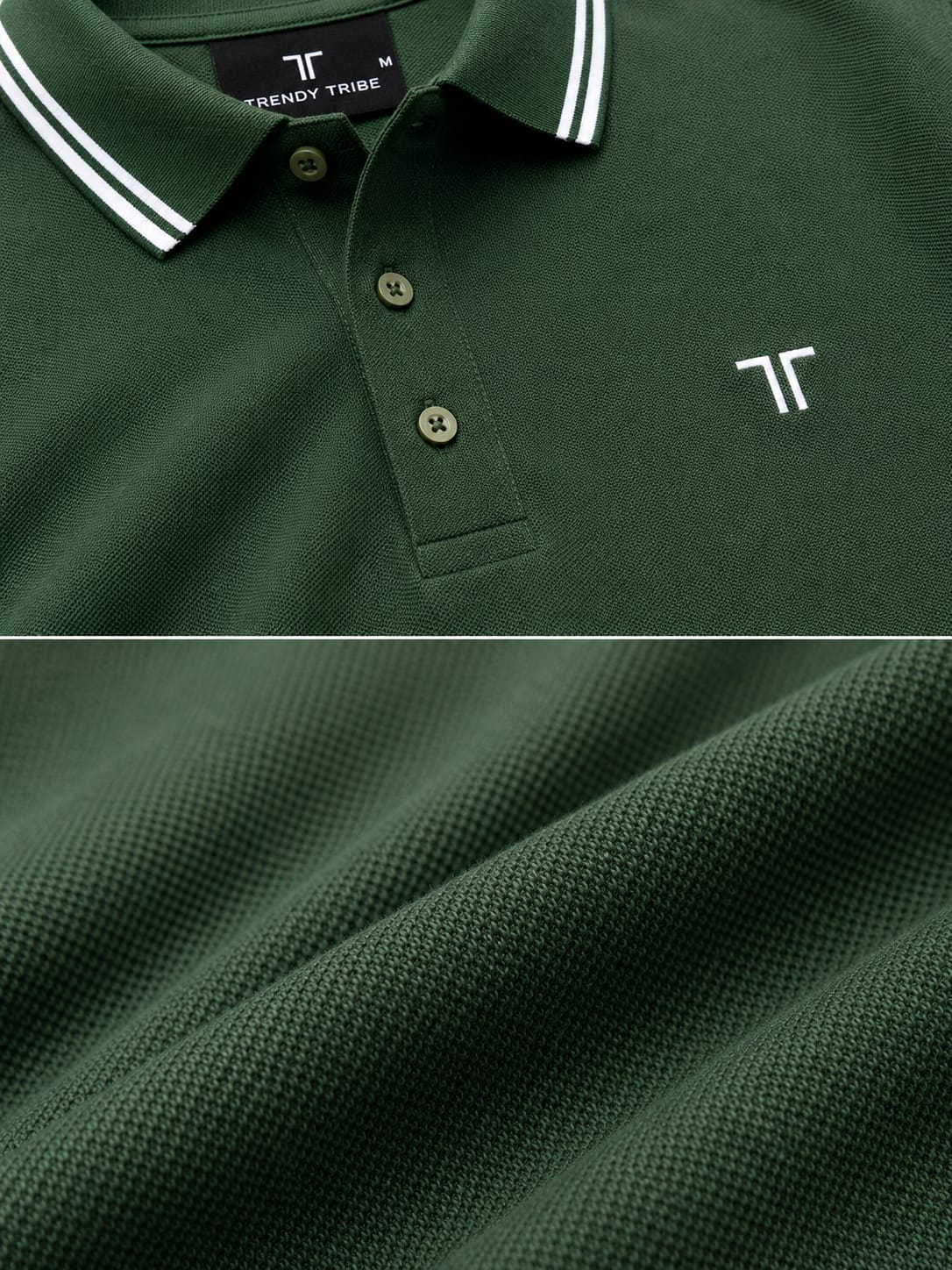 Trendy Tribe forest green men's polo shirt with embroidered TT logo, premium pique cotton fabric and white striped collar. Trendy Tribe forest green men's polo shirt with embroidered TT logo, premium pique cotton fabric and white striped collar.
